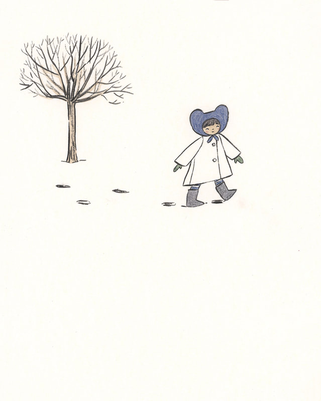 Charlotte Dennis; Carly Dennis; illustration; character in the snow; seasons illustration; ink watercolor colored pencil