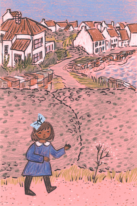 Charlotte Dennis; Carly Dennis; illustration; girl character in a blue dress and bow, walking on a path overlooking cottages by the sea; Pittenweem series; collage on pink paper, ink, colored pencil