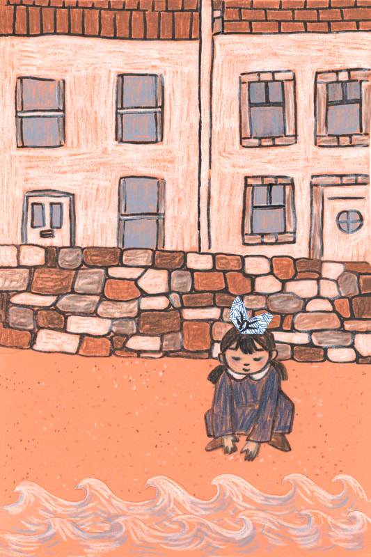 Charlotte Dennis; Carly Dennis; illustration; girl character in a blue dress and bow, squatting on a small beach to look at shells, next to a stone wall and seaside cottages; Pittenweem series; collage on orange paper, ink, colored pencil