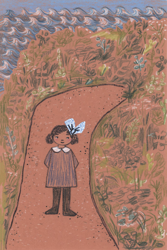 Charlotte Dennis; Carly Dennis; illustration; girl character in a blue dress and bow, walking on a path surrounded by plants and overlooking the sea; Pittenweem series; collage on brown paper, ink, colored pencil