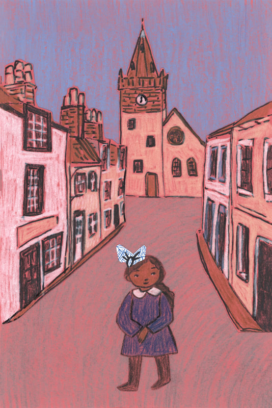 Charlotte Dennis; Carly Dennis; illustration; girl character in a blue dress and bow, walking across a road in a town with old buildings and cottages; Pittenweem series; collage on red paper, ink, colored pencil