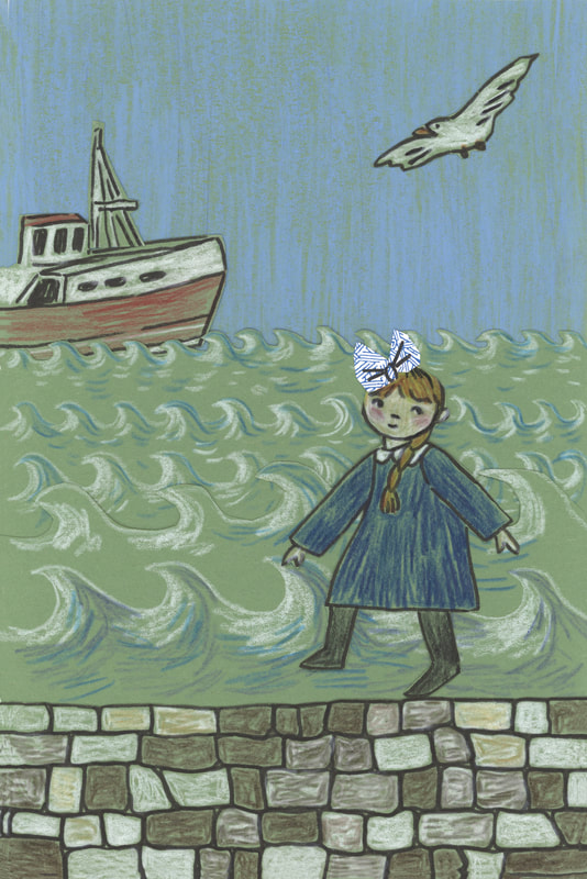 Charlotte Dennis; Carly Dennis; illustration; girl character in a blue dress and bow, walking on a stone wall beside the sea, where a boat and a seagull are passing by; Pittenweem series; collage on green paper, ink, colored pencil