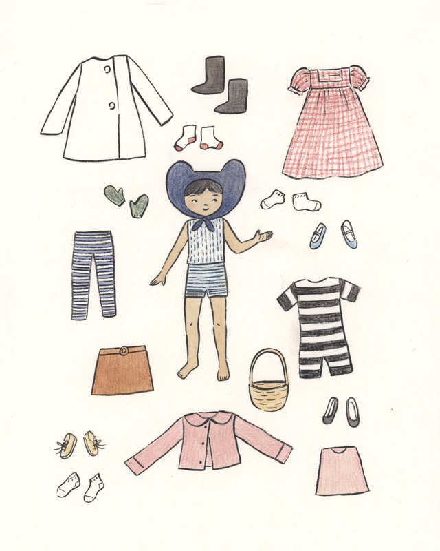 Charlotte Dennis; Carly Dennis; illustration; paper doll; paper doll character Bernice wearing an unusual hat and surrounded by her clothes and accessories for different seasons; ink, watercolor, and colored pencil