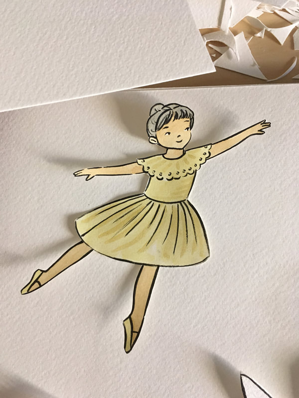Charlotte Dennis; Carly Dennis; ballet illustration; girl dancing illustration; yellow dress illustration; ink and watercolor