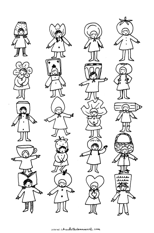 Charlotte Dennis; Carly Dennis; illustration; ink; hat characters illustration