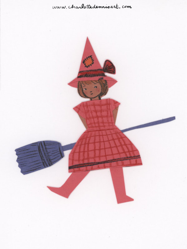 Charlotte Dennis; Carly Dennis; illustration; collage; clothing illustration; witch with broom illustration