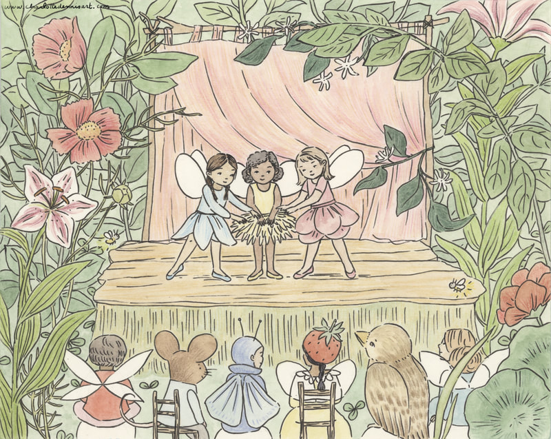 Charlotte Dennis; Carly Dennis; illustration; flower fairy ballet on stage; animal and fairy guests watch; three fairy dancers onstage; flowers surrounding the stage; ink and watercolor