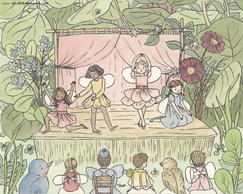 Charlotte Dennis; Carly Dennis; illustration; flower fairy ballet on stage; animal and fairy guests watch; four fairy dancers onstage; flowers surrounding the stage; ink and watercolor