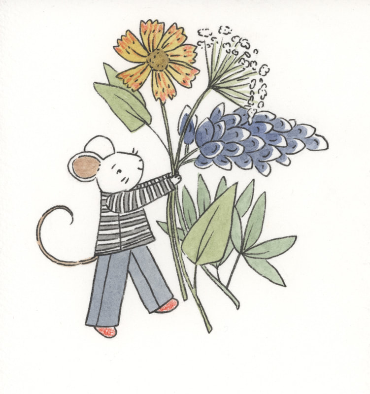 Charlotte Dennis; Carly Dennis; Illustration; Mouse character holding Texas wildflowers; firewheel, queen anne's lace, bluebonnet; ink and watercolor