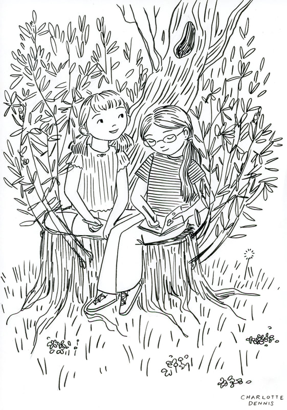 Charlotte Dennis; Carly Dennis; illustration; ink; friends sitting on a tree stump; girl characters illustration